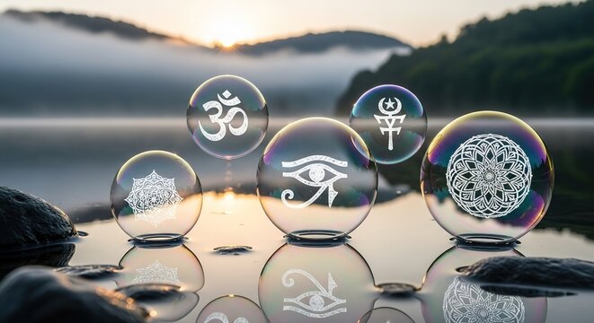 Crystal balls with spiritual symbols reflecting on water with mountain background.