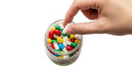Hand picking a colorful capsule from a jar full of medications for health and well being isolated on transparent background