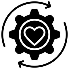 Values Cycle Glyph Black Silhouette Icon Design Vector - Cogwheel with heart and circular arrows showing continuous improvement and integration of core values in organizational processes
