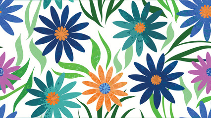 Colorful floral pattern featuring blue orange and pink flowers with green leaves on a white background design