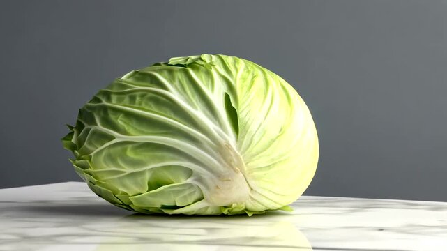 Fresh green cabbage on a marble countertop with a gray background, showcasing its texture