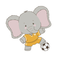 Adorable cartoon elephant wearing a sports jersey joyfully kicking a soccer ball. This charming vector illustration captures the playful spirit of a young soccer fan in action.