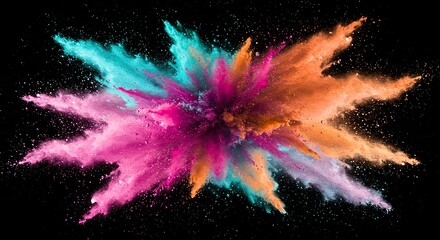 Radiant Starburst of Teal, Magenta, and Orange Powder Against a Black Canvas.