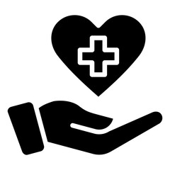 Obraz premium Health Support Glyph Black Silhouette Icon Design Vector - Hand holding a heart with medical cross representing care, health service, and wellbeing