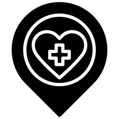 Medical Location Glyph Black Silhouette Icon Design Vector - Location pin with a heart and medical cross, representing nearby healthcare centers or medical facilities