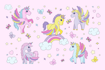 Vector illustration of five playful unicorns interacting with rainbows, butterflies, and clouds. The scene is filled with pastel colors and a magical atmosphere, perfect for children