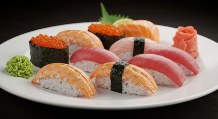 Artistic Platter of Assorted Nigiri and Gunkan Sushi with Garnishes