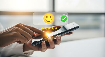 Close-up of Hand Giving Five-Star Rating and Feedback on Smartphone

