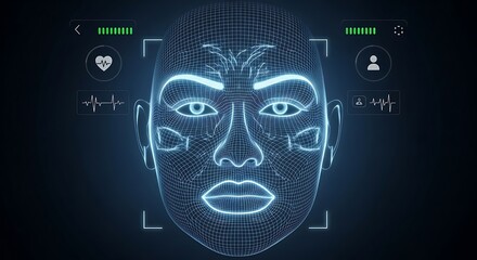 Neon Outline of a Woman's Face with Digital Interface Elements

