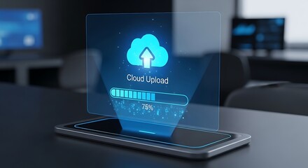 Smartphone Showing Holographic Cloud Upload Progress Bar on Desk

