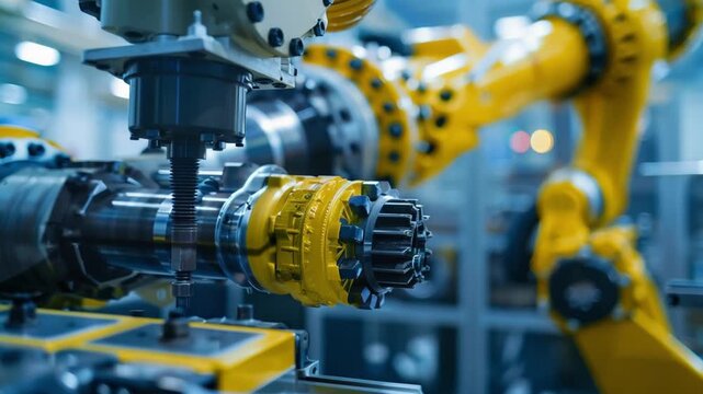 Close-up of a robotic arm in a manufacturing facility working on a mechanical component.  Components include a yellow robotic arm, various metal parts and a complex mechanism