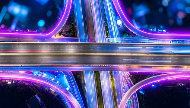 Dynamic aerial view of a futuristic highway interchange at night with glowing purple and blue light trails. - Powered by Adobe