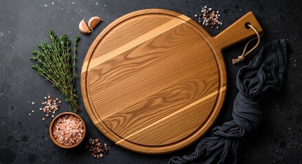 Empty Round Wooden Cutting Board with Herbs and Spices on Dark Surface

