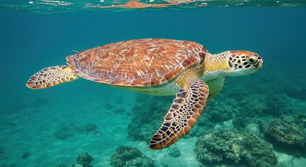 Majestic Sea Turtle Gracefully Gliding Through Vibrant Coral Reef