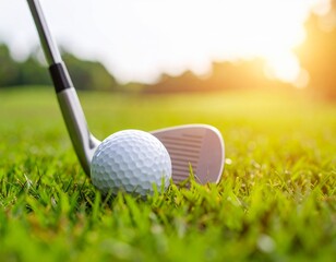 A golf club ready to strike a golf ball on a lush green fairway, illuminated by the warm, golden light of a sunrise or sunset.