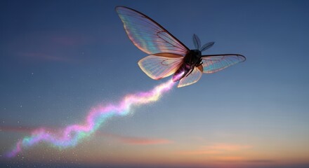 Iridescent moth soars through twilight sky, leaving a vibrant trail of stardust behind it
