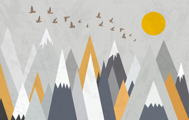 Mountain Landscape Illustration Design With Mountains With Moon And Flying Birds , Interior Decoration Design For Kids Room. © ganesh_502