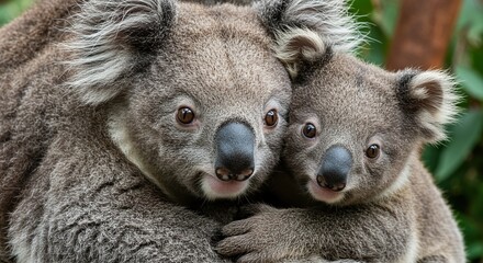 Intimate Close-up of Koala Mother and Joey Cuddling, Their Expressive Eyes Reflecting a Tender Bond