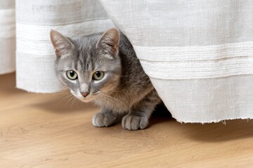 A gray tabby cat hiding under a white curtain, peering out cautiously with bright green eyes, ready to pounce.
