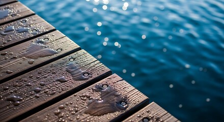 Close-up of Wet Wooden Pier with Water Droplets Over Blue Ocean

