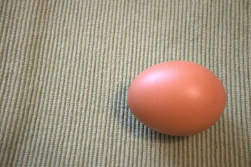 One brown chicken egg placed on green textile fabric, shown in a close-up with room for text. Natural, minimal style.