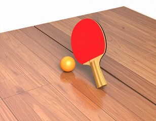 Table tennis equipment featuring a red racket and an orange ball on a reflective wooden surface. 3D illustration concept for sport and leisure.