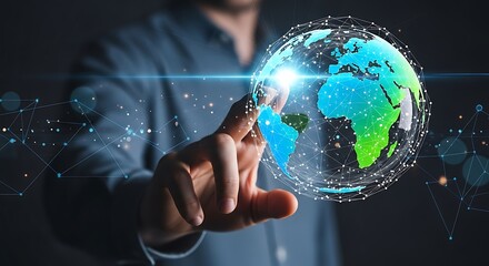 Finger touching a glowing digital globe with network connections, global technology.


