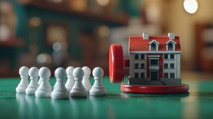 Conceptual image of a group pushing a miniature house forward, symbolizing pressure or momentum in the real estate marke