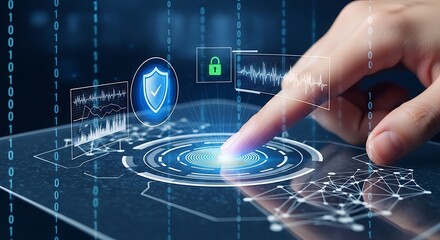 Finger touching a futuristic interface with security shield and data icons.

