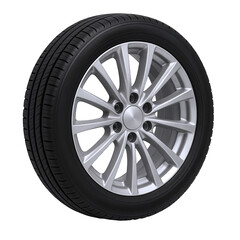 Obraz premium Detailed view of a modern silver alloy car wheel with a black rubber tire, showcasing intricate spoke design and tread pattern.