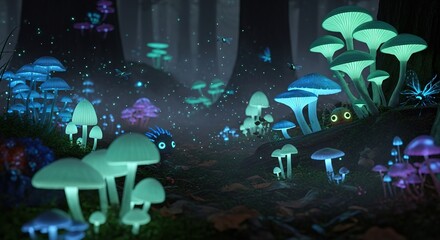 Obraz premium Glowing mushrooms in a dark forest with trees and mystical atmosphere.