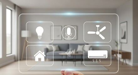 Man using smart home virtual assistant to control appliances in modern living room.