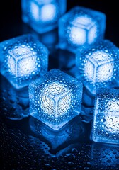 Brightly glowing blue ice cubes with water drops on a reflective dark surface.