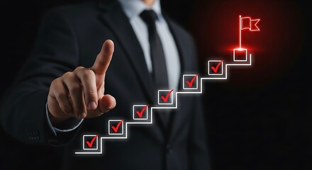 Businessman points to a completed staircase of goals leading to success flag.


