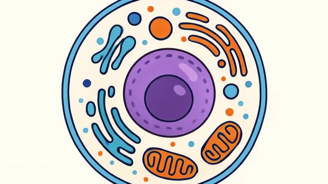 Cartoon cell with nucleus, organelles, and cell membrane illustration for biology or science education