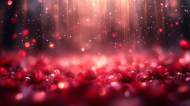 Magical and romantic scene with falling rose petals and glowing particles. A vibrant red and pink background with shimmering glitter and light streaks.