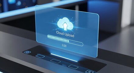 Futuristic cloud upload interface with progress bar on a modern device.

