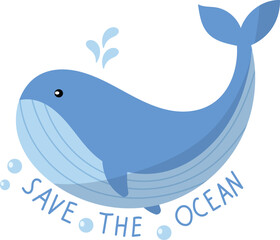 A cute cartoon illustration of a blue whale swimming, with a message to 