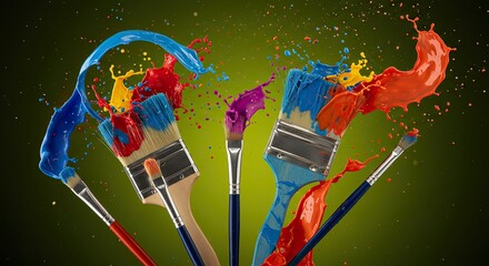 Vibrant Paint Splashes Exploding from Artist Brushes in Dynamic Motion