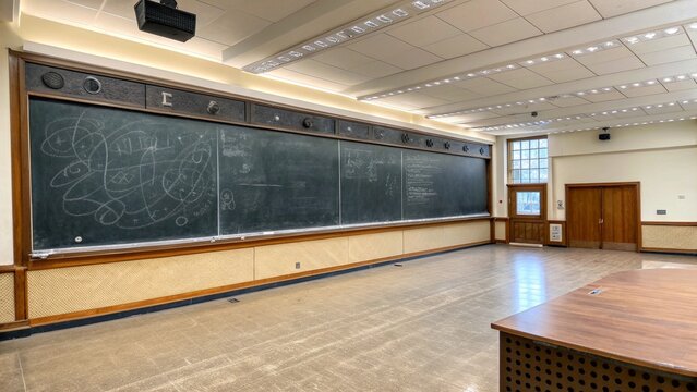 Empty vintage classroom with large chalkboard, wood accents, and subtle lighting.