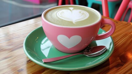 A pink coffee cup with a white heart on it sits on a green saucer with a silver spoon.