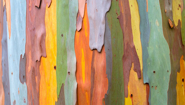 Eucalyptus tree bark texture with colorful peeling layers in shades of grey, green, and rust
