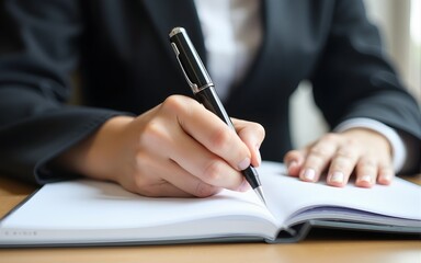 Left-handers Day. Business woman writes a note in notebook. Girl holds a pen in her left hand close-up. High quality
