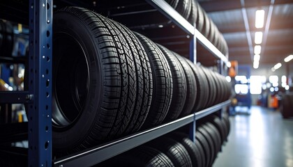New tires neatly arranged rack display in a modern auto shop, emphasizing quality, selection, and organized storage for customer convenience.