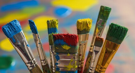 Vibrant Paint Brushes Laden with Colorful Pigments, Ready for Artistic Creation