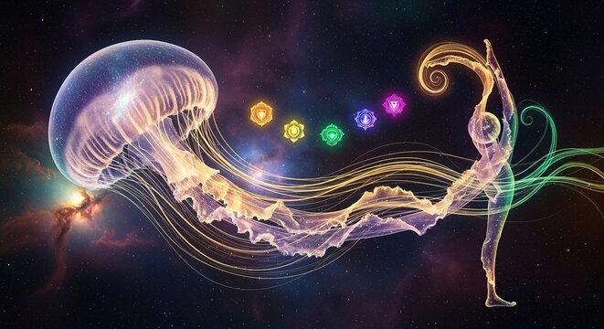 Abstract image of jellyfish and human figure with colorful lights on dark background.