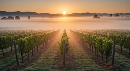Golden Sunrise Over Misty Vineyard Rows, Serene Landscape Photography