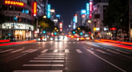 Dynamic City Nightscape: Streaking Red Taillights and Vibrant Bokeh on a Busy Urban Street