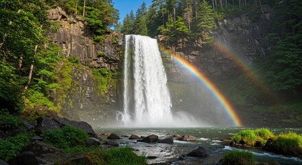 Majestic Waterfall Cascades with a Vibrant Rainbow Arching Over Lush Green Forested Cliffs