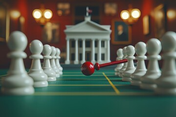 Political strategy symbolized by miniature White House, chess pawns, and red gavel on a green board